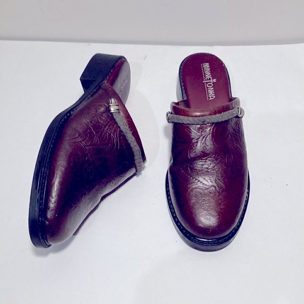 Vintage Minnetonka  brown leather tooled clogs/ mules